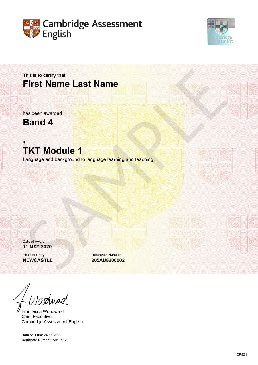 A sample Cambridge Assessment English TKT Module 1 certificate